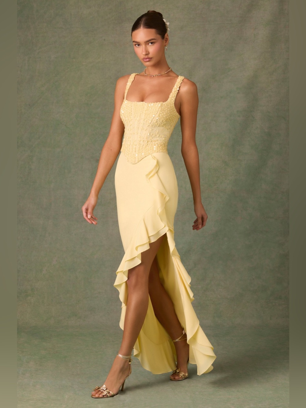 Oh Polly Sequin Corsett Pale Yellow Ruffled slit Gown